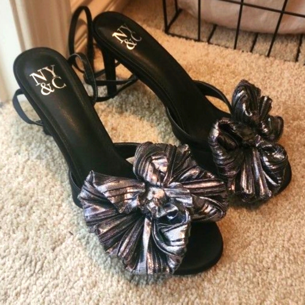 Metallic bow strappy heels
